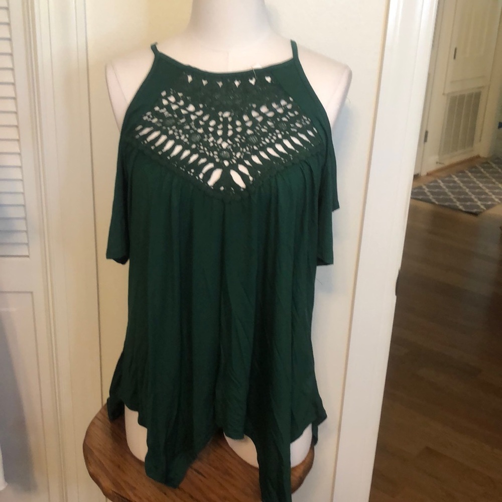 Women’s Crochet Yoke Green Cold-Shoulder Top